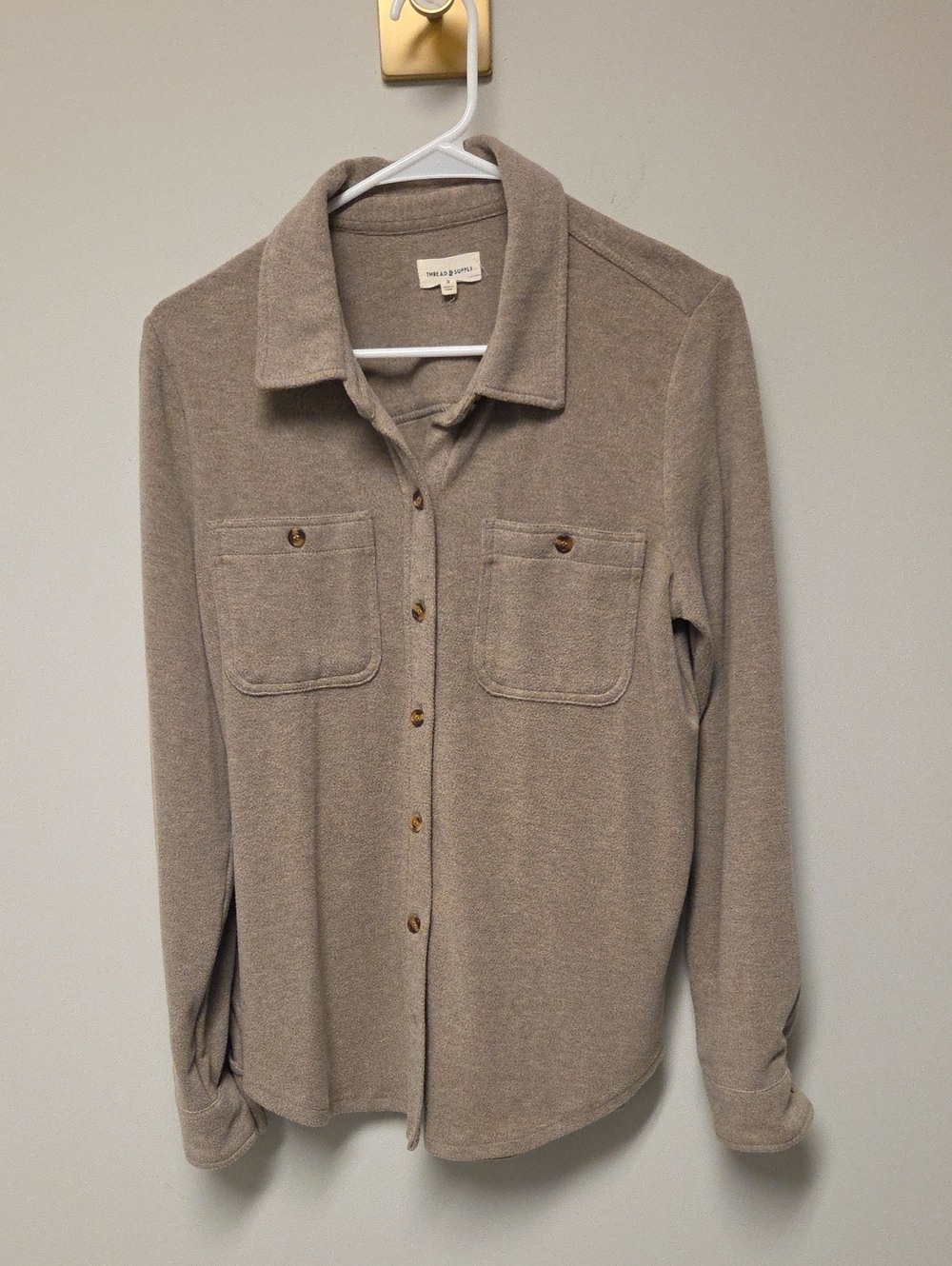 Thread & Supply Women's Super Soft Button Down, Taupe / Brown, Small (Oversized)